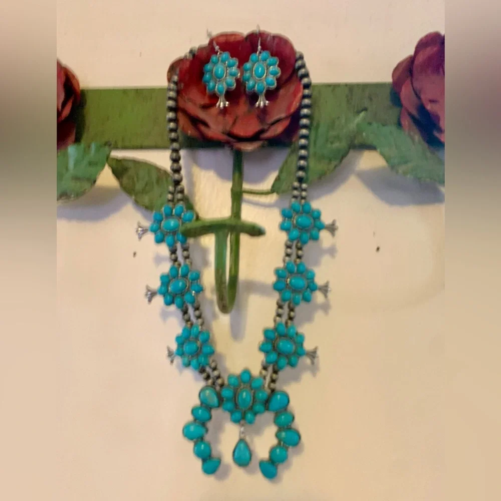 Squash Blossom Necklace and Earring Set in Turquoise